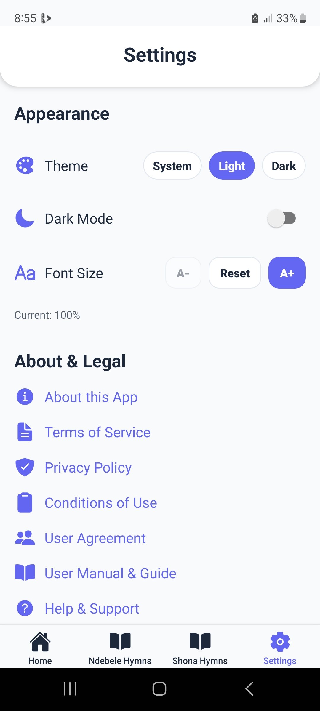Nketa Baptist hymnals app settings
